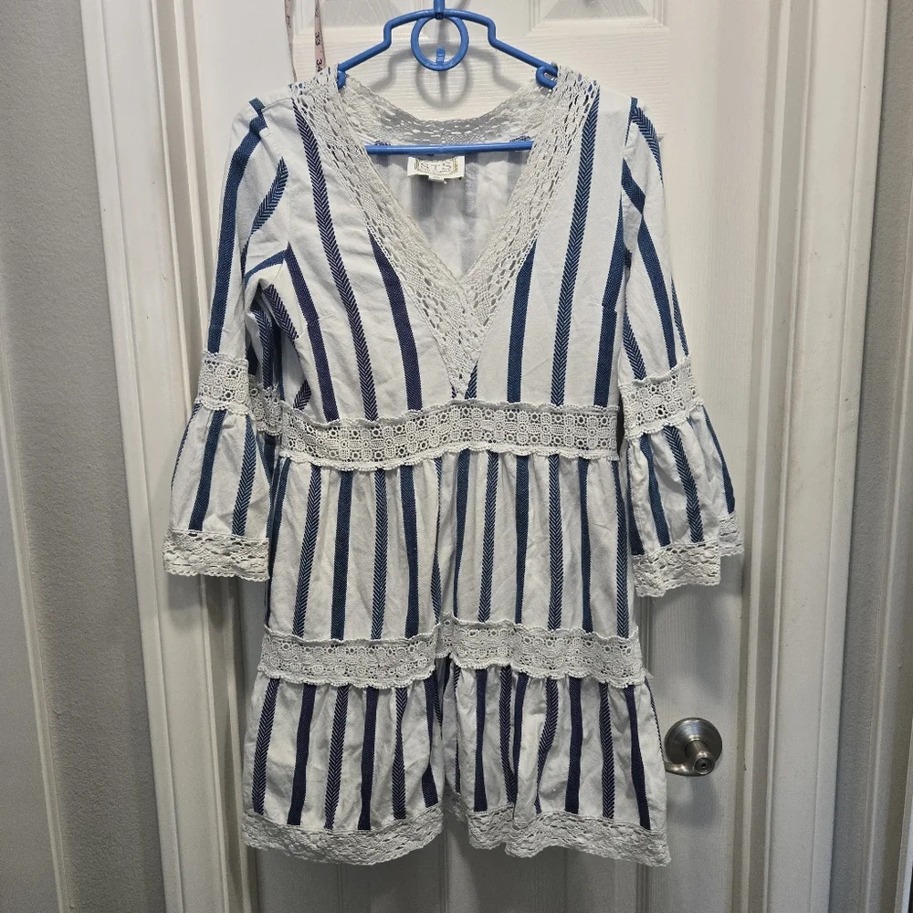 Sail To Sable Sts Blue and White Striped Dress with Lace Trim Size M